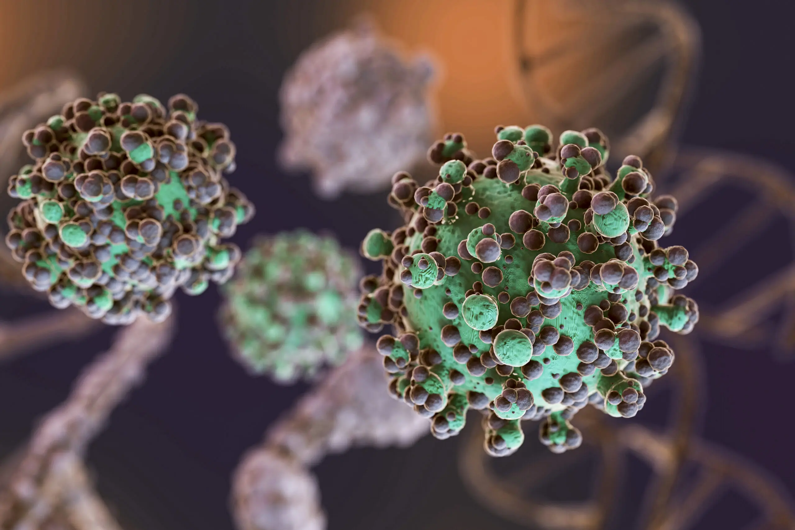 Illustration montrant l’interaction entre des virus et le cerveau, mettant en avant leur rôle potentiel dans le développement de la maladie d’Alzheimer.